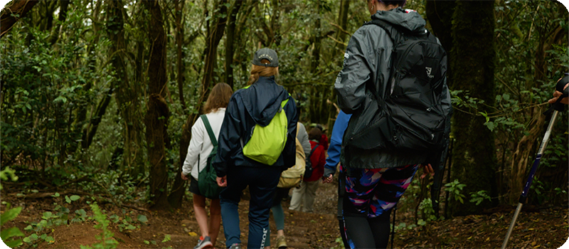 Fotografía de tres de las protagonistas bajando por un bosque durante la grabación de la segunda etapa del Camino a la Esperanza.