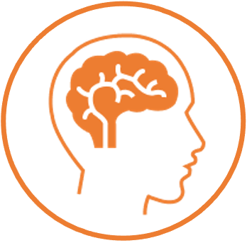 Icono naranja de una silueta de una cabeza con el cerebro resaltado, representando la salud mental.