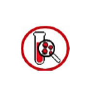 Icono de un tubo de ensayo con sangre junto a una lupa que amplía la imagen, mostrando glóbulos rojos en su interior.